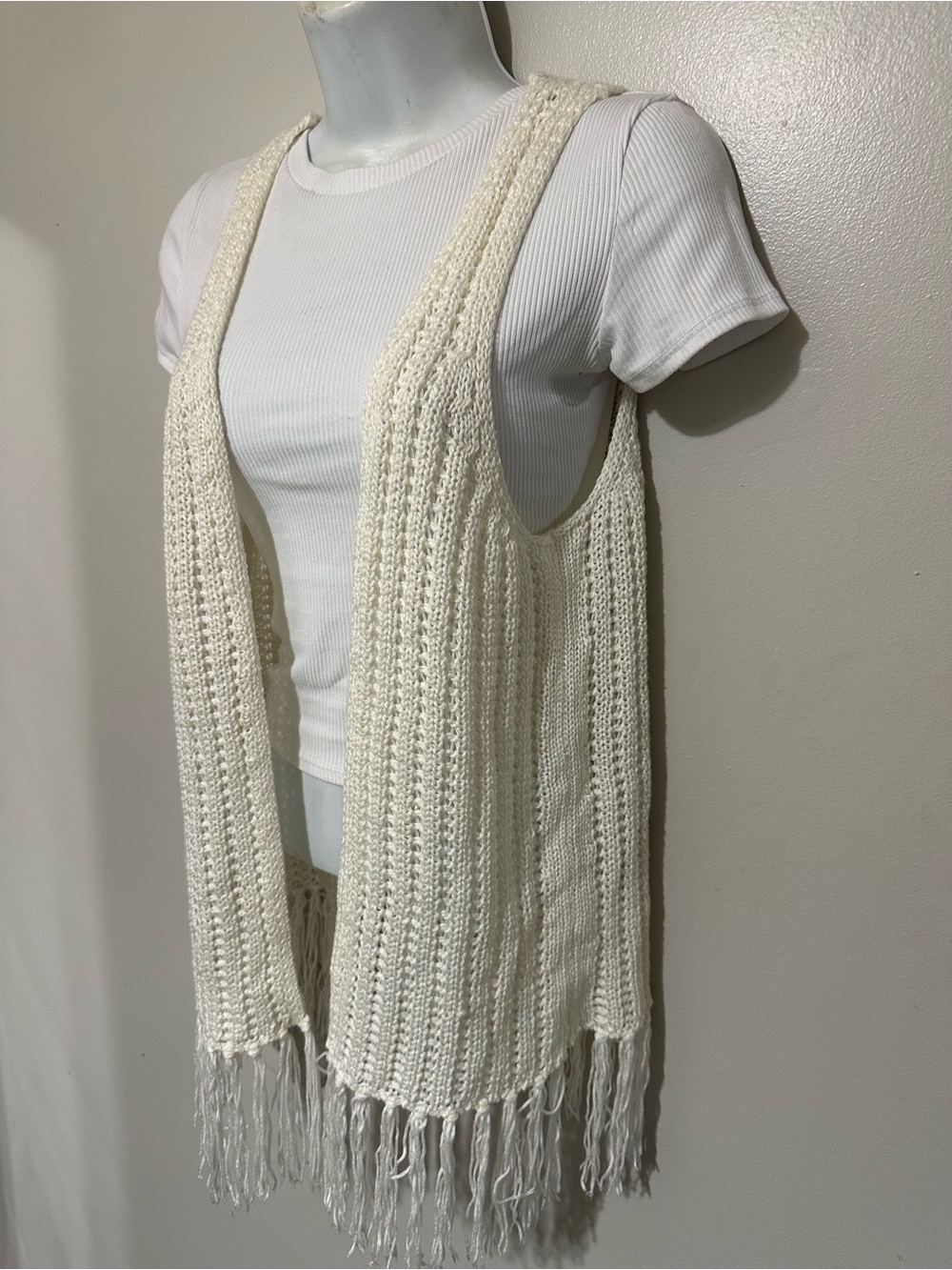 Maurices Cream Crochet Fringe Vest Boho Open Front Layer